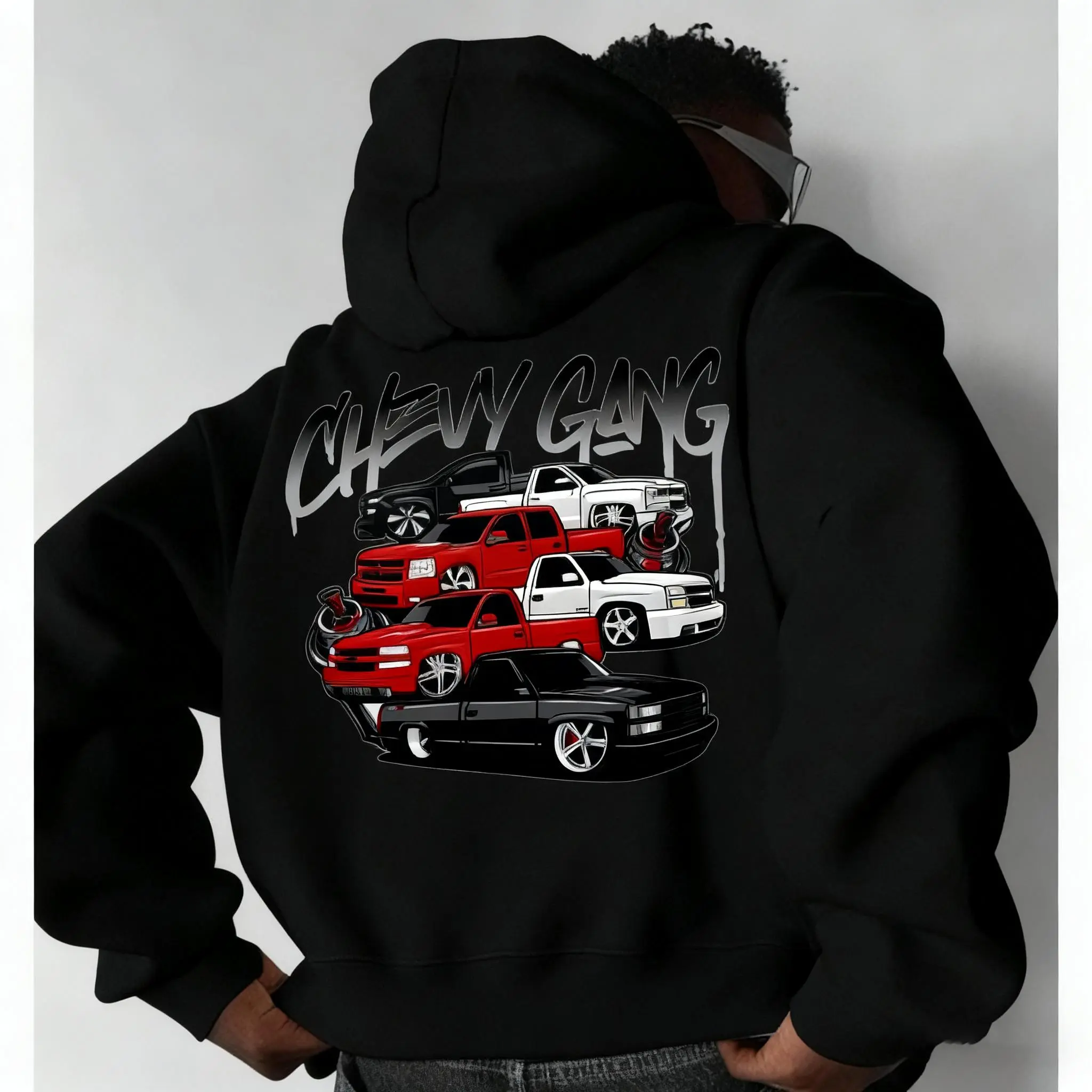 Chevy Gang Graphic Hoodie Chevy Silverado Men's Cotton Hooded Sweatshirt Old School Chevy Hoodie Gift for Him Truck Hoodie Classic Chevy Truck Casual Fabric Top Breathable Layer Outfit Sweater Hoodie Streetwear mas quarter zip men georgia tee