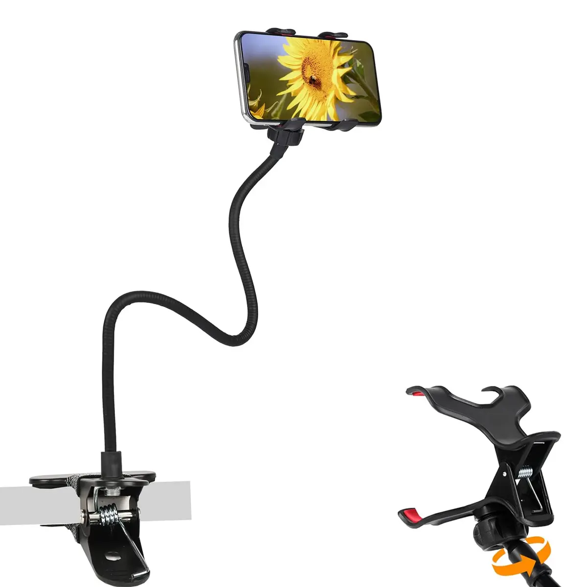 27.5in Rubber Gooseneck Phone Holder & Mount, Easy-Install Mobile Accessory for Desk Users, 25.7" Long Reach Flexible Arm Clip, 360° Rotate Stand for Bed/Desk, Fits 4-7” Phones