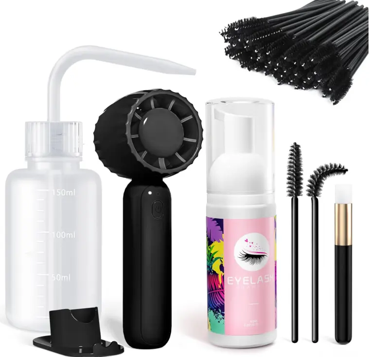 Buqikma Lash Cleaning Kit - Lash Shampoo 60ML with Rechargeable Handheld Fan Dryer, Mascara Brush, Rinse Bottle, Makeup Cleansing Foam for Eyelash Extension Care, Black