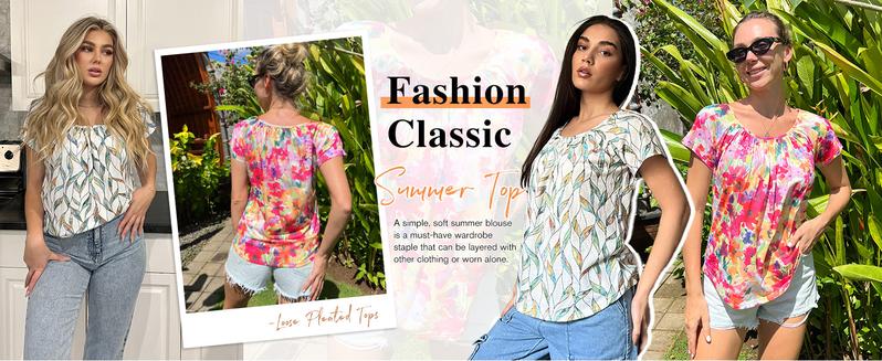 Women's Summer Floral Tunic Tops Short Sleeve Crewneck Casual Loose Pleated Blouse S-XXXL Everyday Boho Style