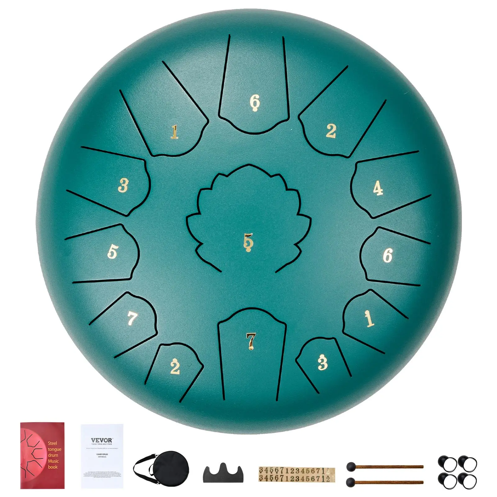 VEVOR Steel Tongue Drum,  12 in & 13 Notes, Rain Drum for Outside Garden, C Major Key, Tank Drum with 2 Mallets & Carry Bag, Hand Pan Drum Percussion Instrument for Musical Education Yoga, Green
