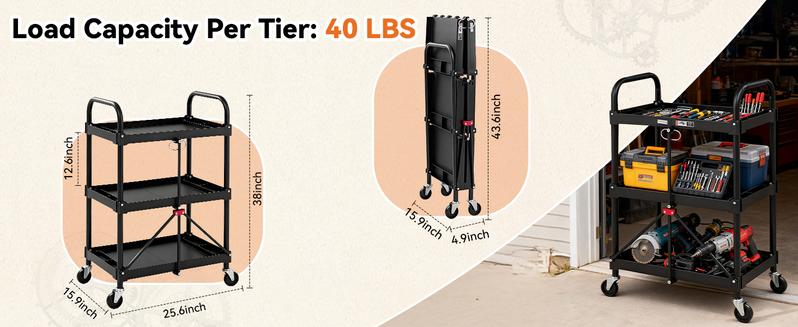 85-188 Pack-N-Roll Folding Collapsible Service Cart, 150LB Capacity, Black