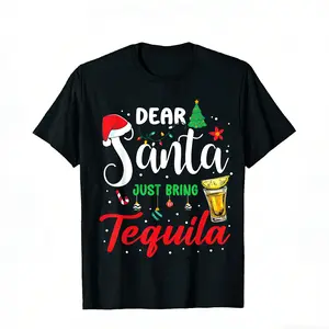 Funny Christmas Drinking T-Shirt - Dear Santa Just Bring Tequila Party Shirt - Women's & Men's Casual Holiday Tee - All-Season Comfort Fit - Black with Red Lettering funny graphic tee