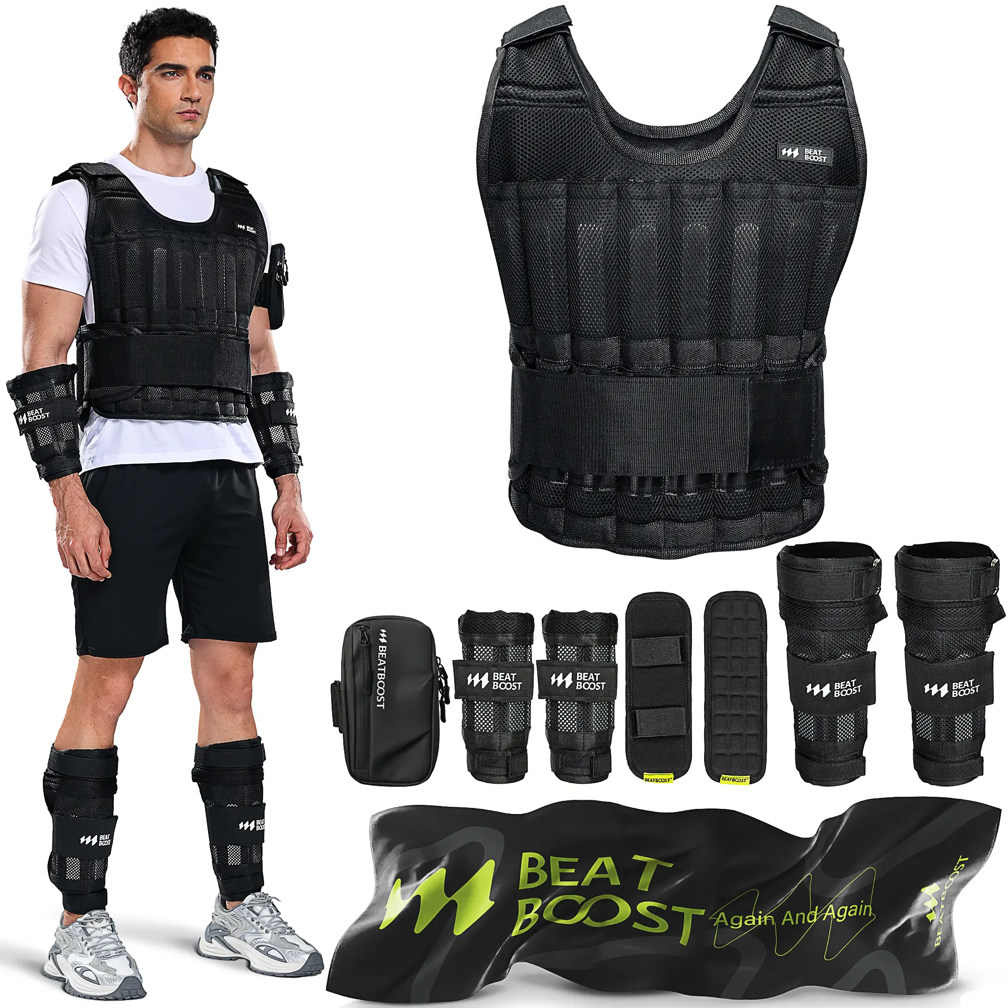 BeatBoost Adjustable Weighted Vest for Men, 20lb-60lb with Steel Plates, Strength Training Equipment, Home Fitness Gear, Gym Workout Accessories