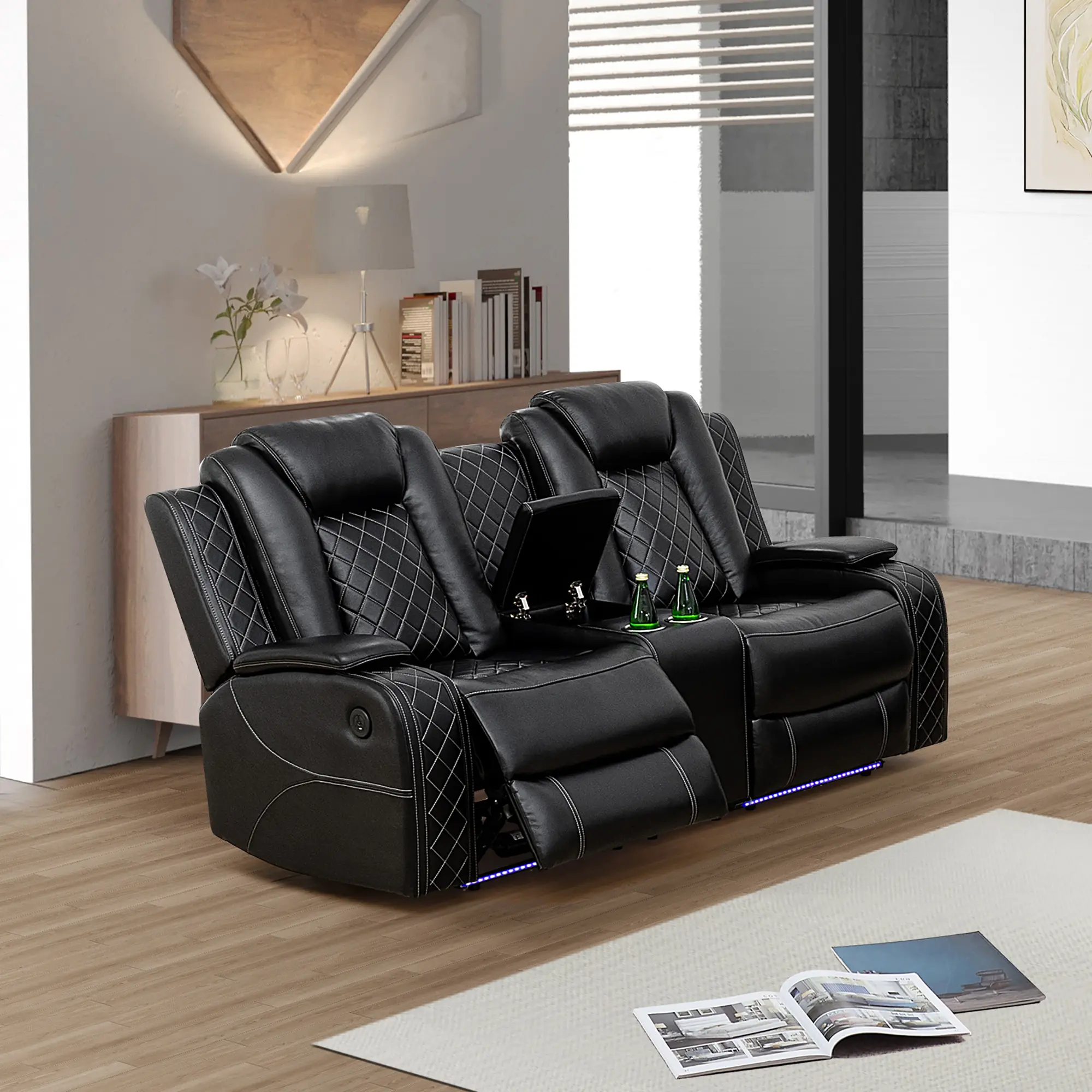 Black Leather Breathable 2-Seater Recliner Sectional Loveseat with Padded Arms - Cushioned Support Indoor Furniture, Adjustable Reclining Chair Living Room Furniture for Living Room Decor, Man Cave Durable Seating Indoor Modern Furniture Couch Chaise Loun