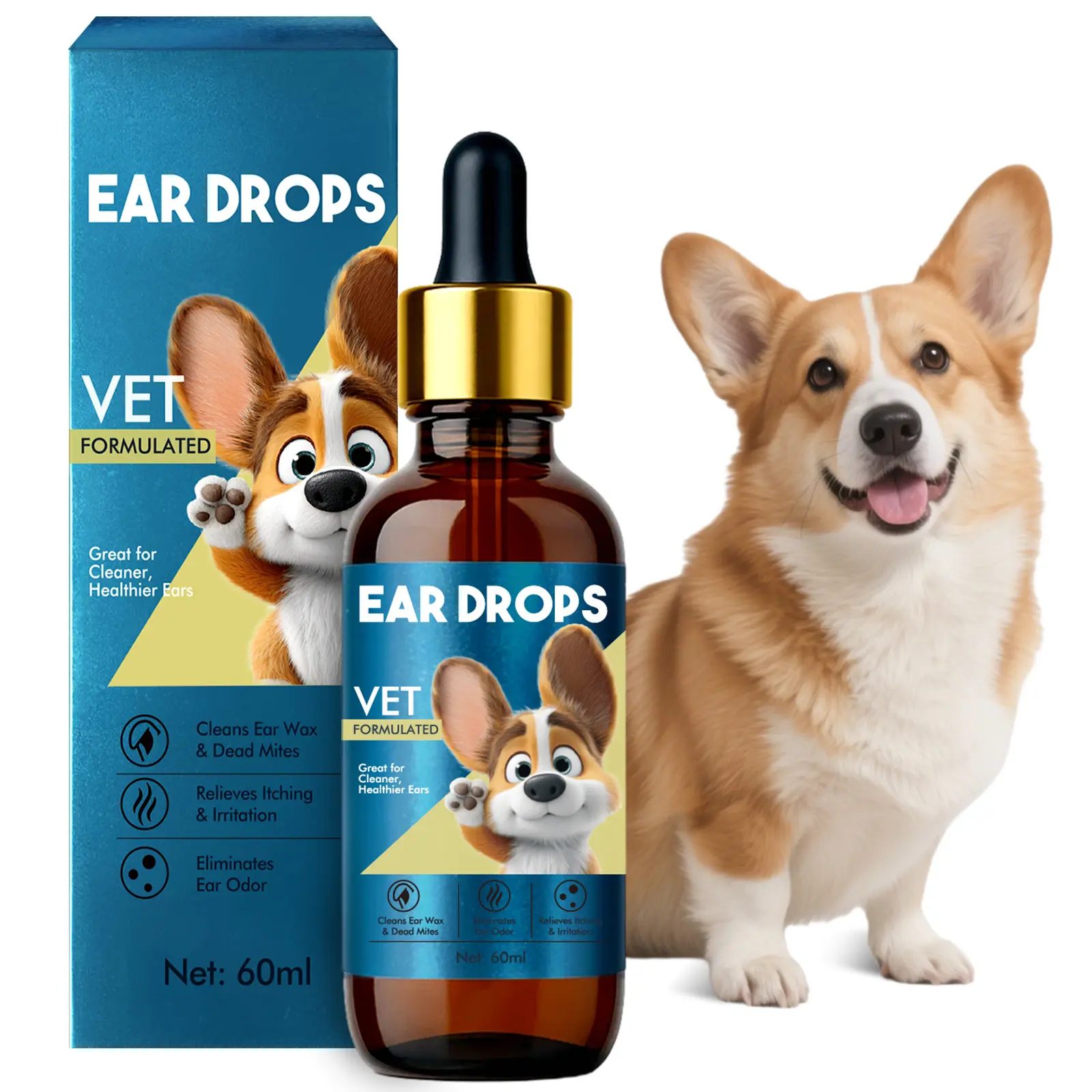 Veterinary Formula Ear Drops for Dogs & Cats – Gentle Ear Cleaner to Remove Wax, Dirt & Odor – Natural with Ozonated Olive Oil & Fennel – Soothes Itching, Non-Irritating & Alcohol-Free – 60ml