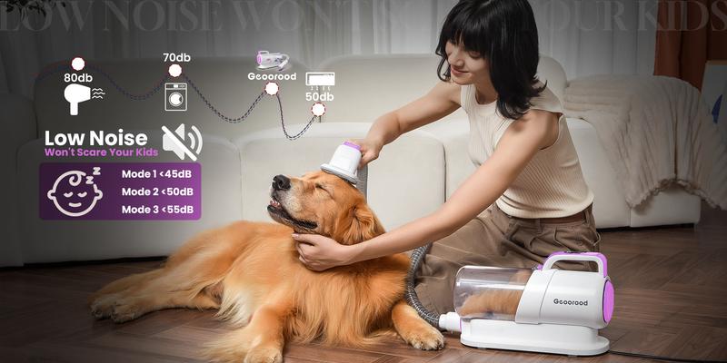 Geoorood Dog Grooming All-in-One Kit with Vacuum Brush 2.2L Large Pog Stainless Steel Blades Lightweight Design 10KPa Suction Force Portable Cleaning Set