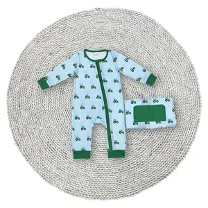 Baby Boys Infant Blue Green Trucks Farm Life Country Long Sleeve Round Neck Zip Footie Rompers Sleepwear
