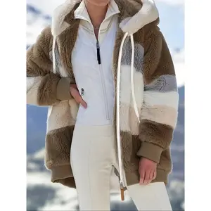 Women's Fall Winter Warm Casual Hooded Jacket, Plush Patchwork Zipper Pocket Design, Loose Fit Outdoor Sports Social Wear, Faux Fur Coat, Outerwear, Trendy, Versatile, Comfort, Style, Outfit, Essential
