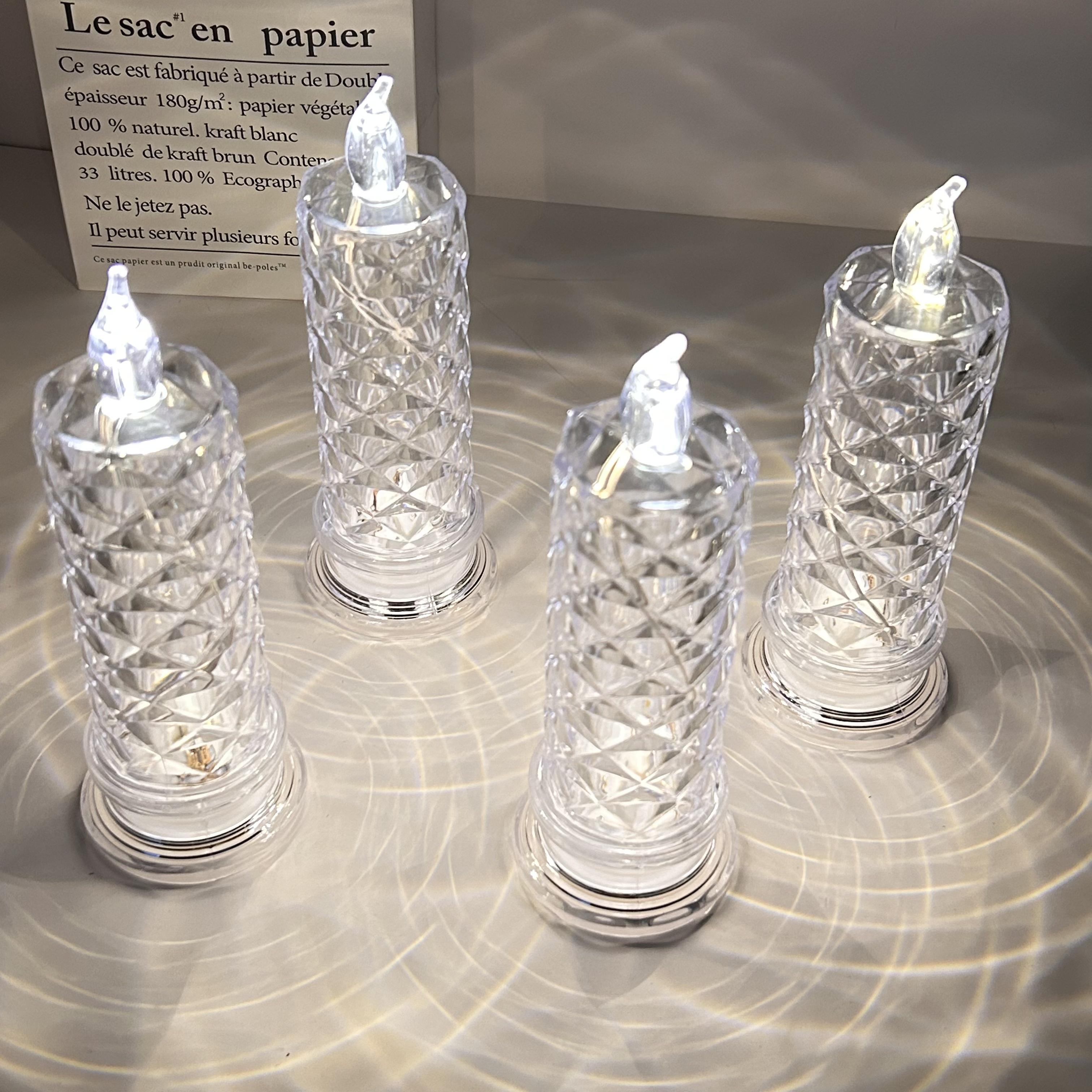 4-Pack Crystal Flameless LED Candles with Realistic Flame - Diamond-Look Ambient Glow Home Decor, Table Centerpiece Ideas, Festive Holiday (Christmas, Halloween) Santa Ornament, Indoor Outdoor Aesthetic Gift Set