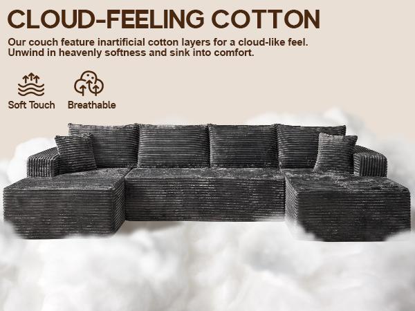 【3 Packages Shipping】HOOOWOOO 135 Inch Cloud Sectional Couches for Living Room, U Shaped Modular Sectional Sofa No Assembly, Plush Corduroy Large Floor Couch Set with Deep Seat(Gray)