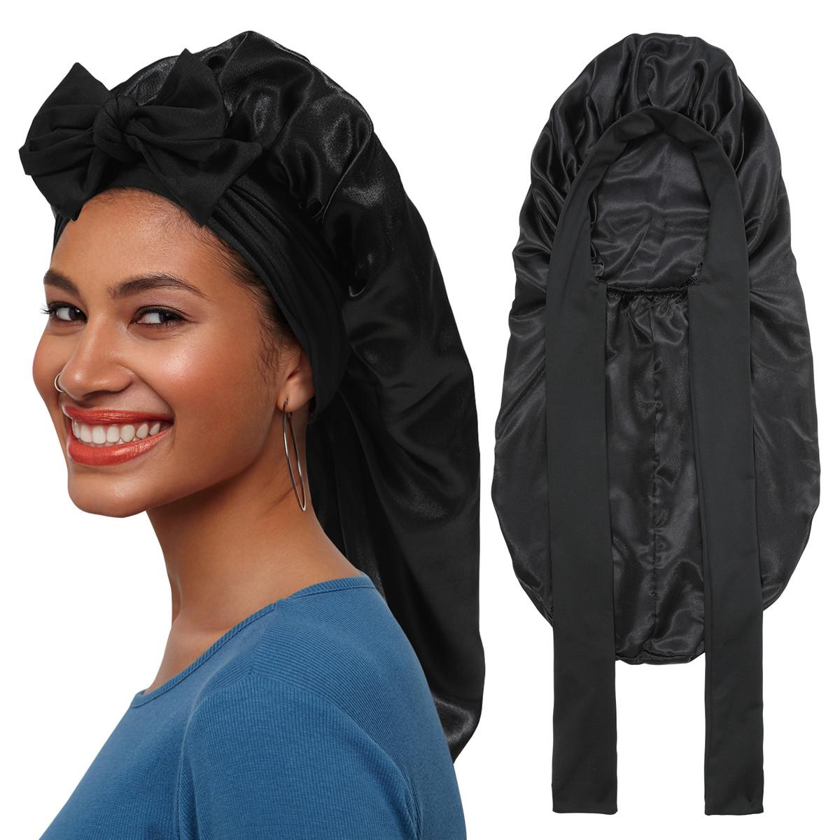 Single-Layer Summer Cool Style Solid Color Long Satin Bonnet Sleep Cap Adjustable Care Nightcap for Women Braids Curly Hair Natural Hair Wrap for Sleeping Cap with Tie Band Elastic Hair Care Bonnet