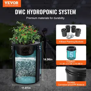 VEVOR DWC Hydroponics Grow System,  , Hydroponic Growing System with Top Drip Kit, Deep Water Culture 5-Gallon 4 Buckets, with Air Pump, Air Stones and Water Level Device for Leafy Vegetables