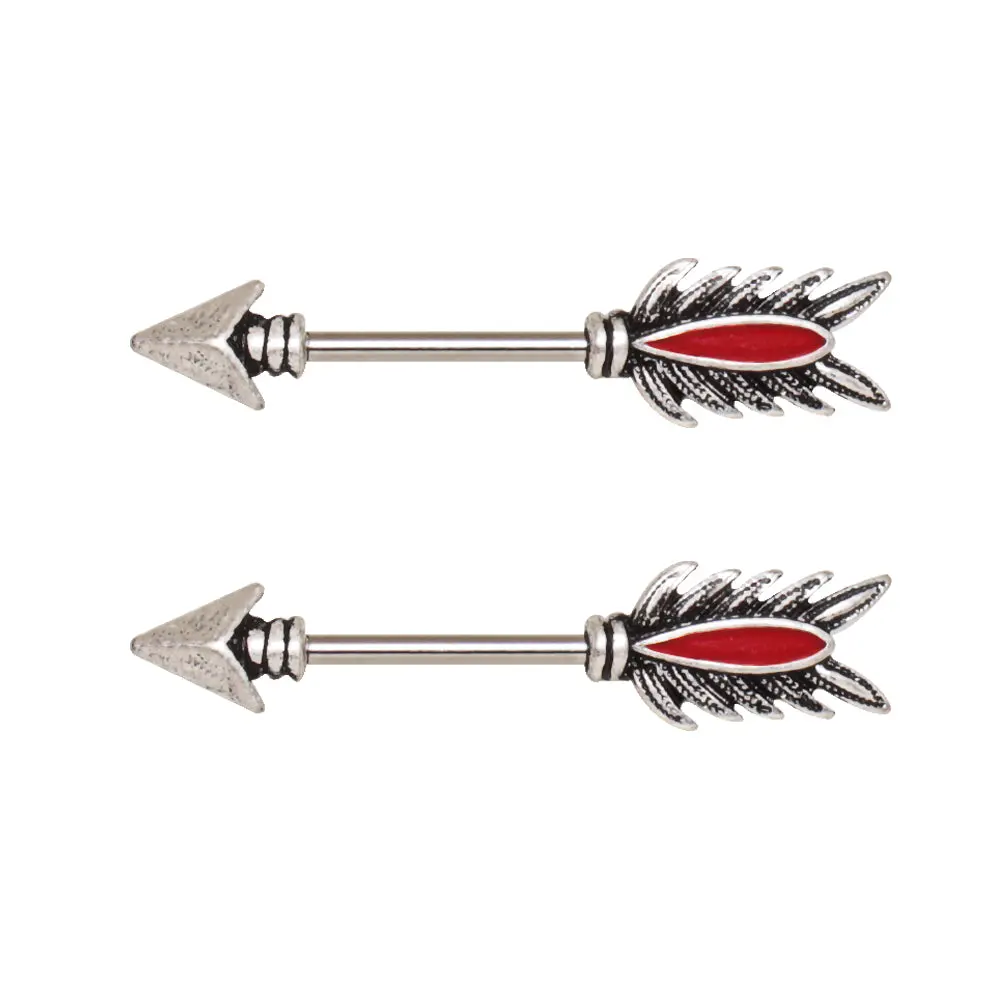 Red Feather Arrow Tribal Nipple Barbells - 316L Stainless Steel - Pair