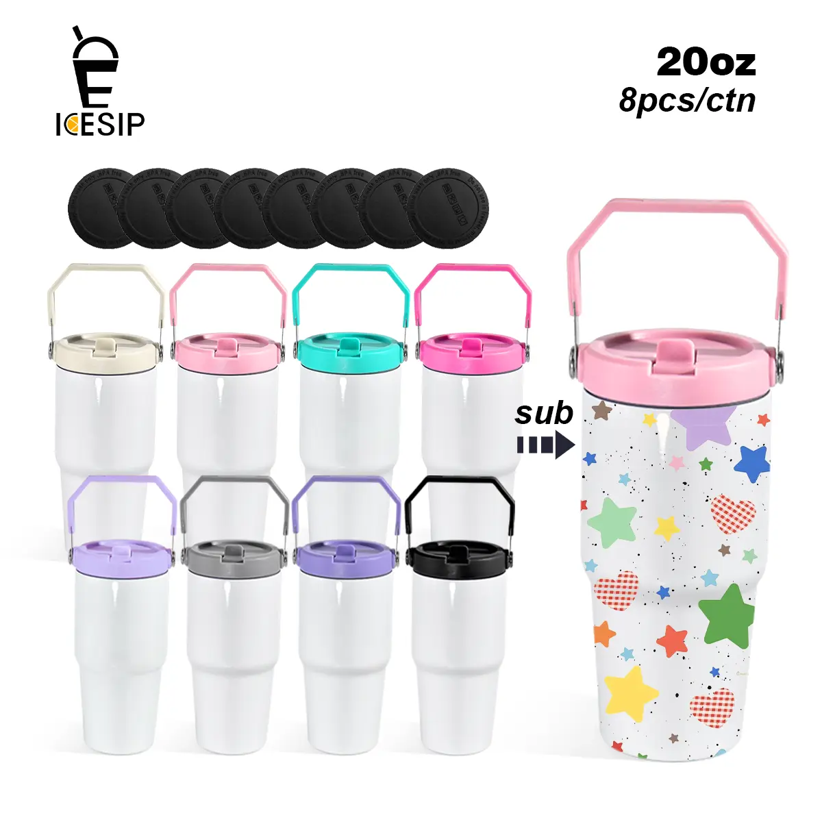 ICESIP 20oz Sublimation Tumbler (8pcs/ctn, Individual Box) - Stainless Steel Double Wall Vacuum Insulated Travel Mug for On-the-Go, Colored Handle Lid, UV Sticker DIY Craft Gift for Party, Business (Rose Red, Mint Green)