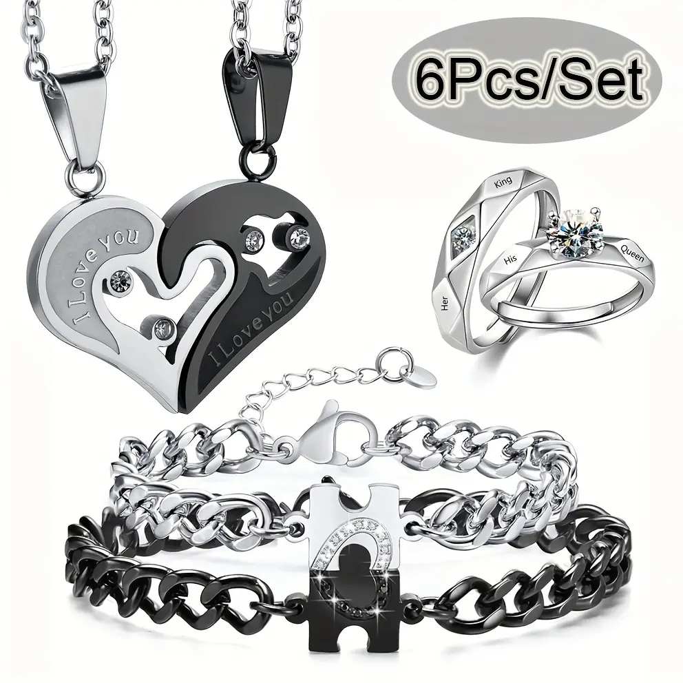 6Pcs Cute Couple Matching Heart Jewelry Set - His & Hers Pendant Necklace, Bracelets, Women's Ring, Women's Matching Sets - Romantic Gifts for Her, Gifts for Boyfriend (Anniversary, Valentine's Day), Love Gifts