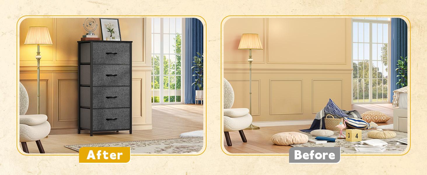 Cozeware Storage Tower with 4 Drawers - Fabric Dresser, Organizer Unit for Bedroom, Living Room, Closets - Sturdy Steel Frame, Easy Pull Fabric Bins & Wooden Top