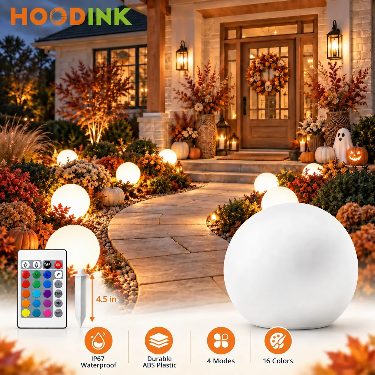 Hoodink 8-in Solar Globe Light - IP54 Rated Waterproof Plastic Mood Lamp, 16 RGB Change Colors, 16.4ft IR Remote, Ground Stake, Outdoor Pathway Guide Lamps for Friends, Aesthetic Home Decor Gift