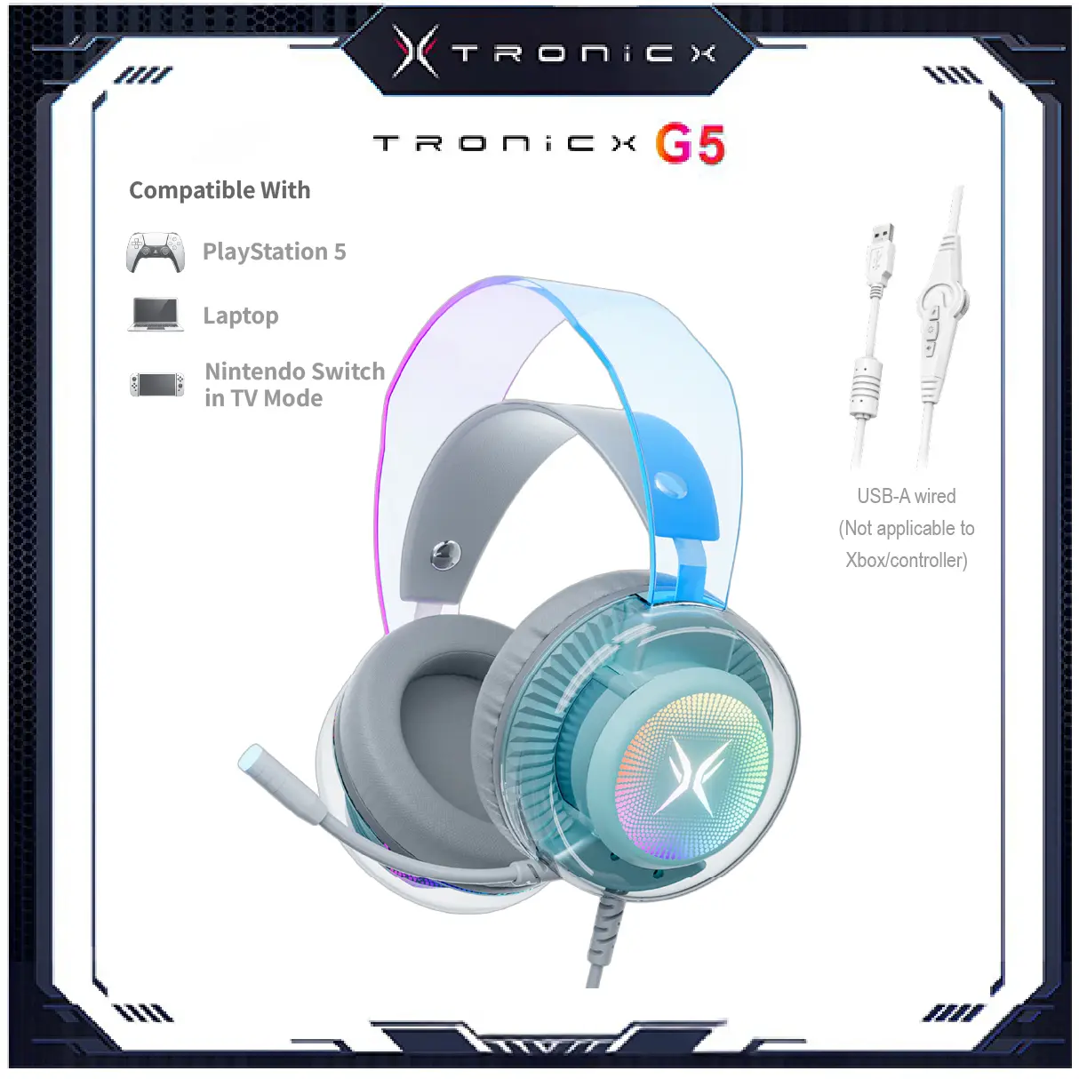 [Back to School] TAGRY TRONICX G5 Wired Gaming Headset with 50mm Driver, ENC Microphone, USB Headset with 7.1 Surround Sound, Control Box for PS5/Switch in Dock Mode (Not Compatible with Xbox or Controller) for FPS Gamers tiktokshopbacktoschool