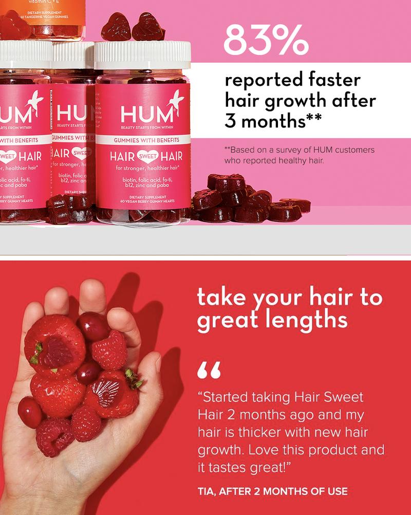 HUM Hair Strong - Daily Biotin Gummies for Hair Growth - Fo Ti, Folic Acid, Zinc, Vitamin B12 & PABA to Support Healthy Hair, Skin & Nails