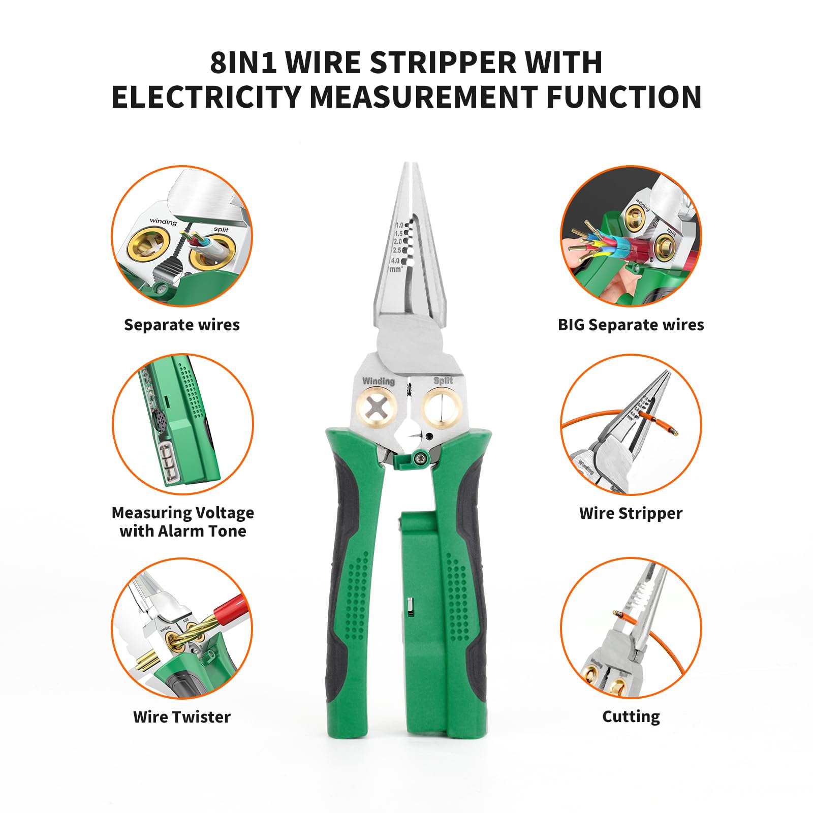 8-in-1 Wire Stripper for Electrician: Needle Nose Pliers with Voltage Tester & Dual Alarms - Electrical Pliers for Cutting Wires, Pulling Wires and Crimp Wires multi-function plier