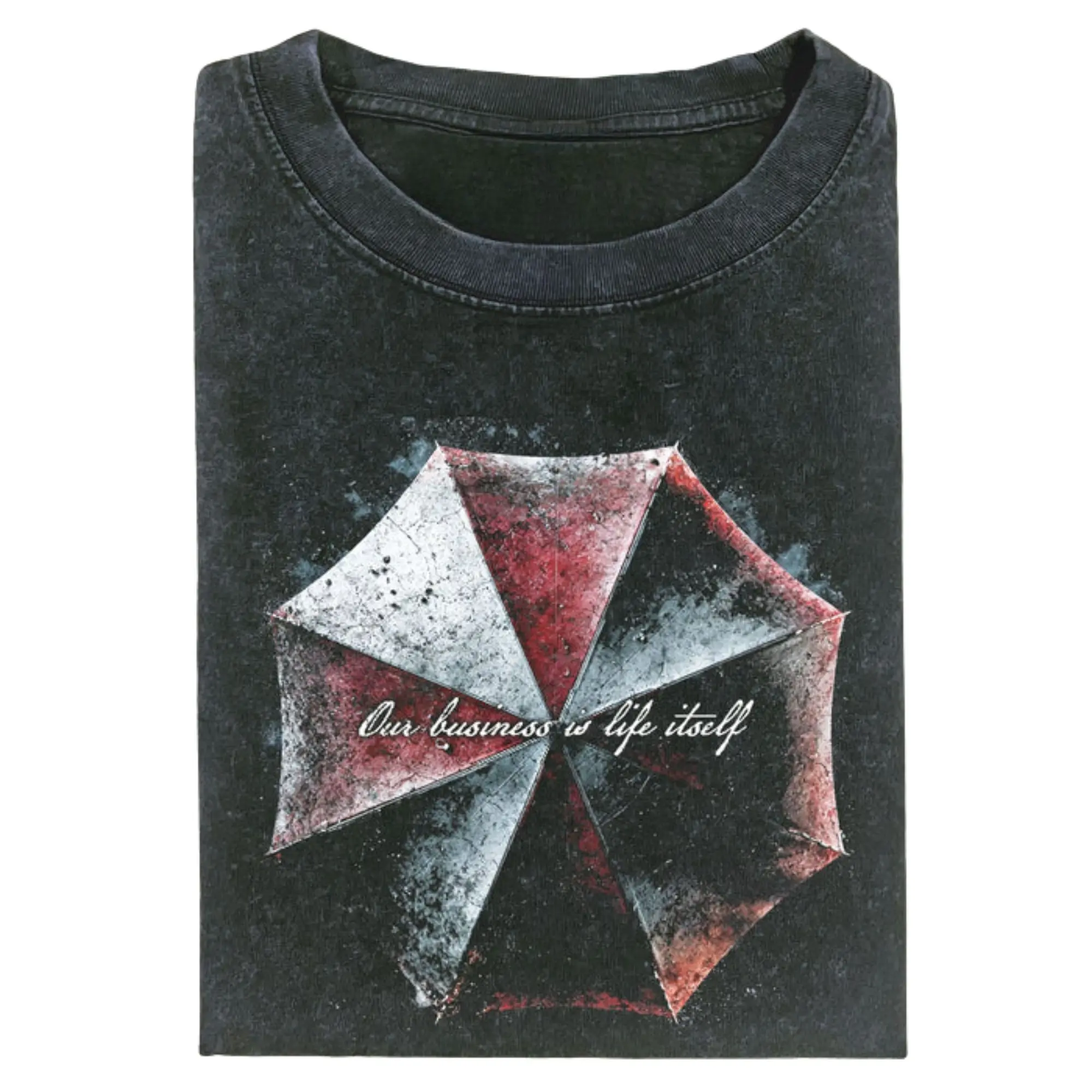 Resident Evil Umbrella Corporation Graphic Top with "Our Business Is Life Itself" Dark Horror Illustration, Unisex Streetwear for Survival Horror Fans