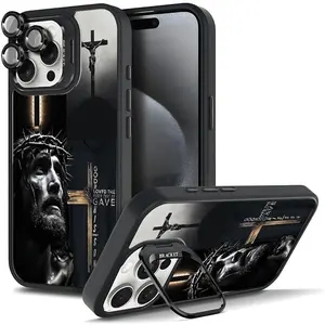 Jesus pattern religious element decoration shock-absorbing bracket phone case Suitable for iPhone 17 16 15 14 13 12 Pro Max Air Plus metal camera frame&magnetic anti drop phone case B003 Screen Protector Cover Protection Smartphone