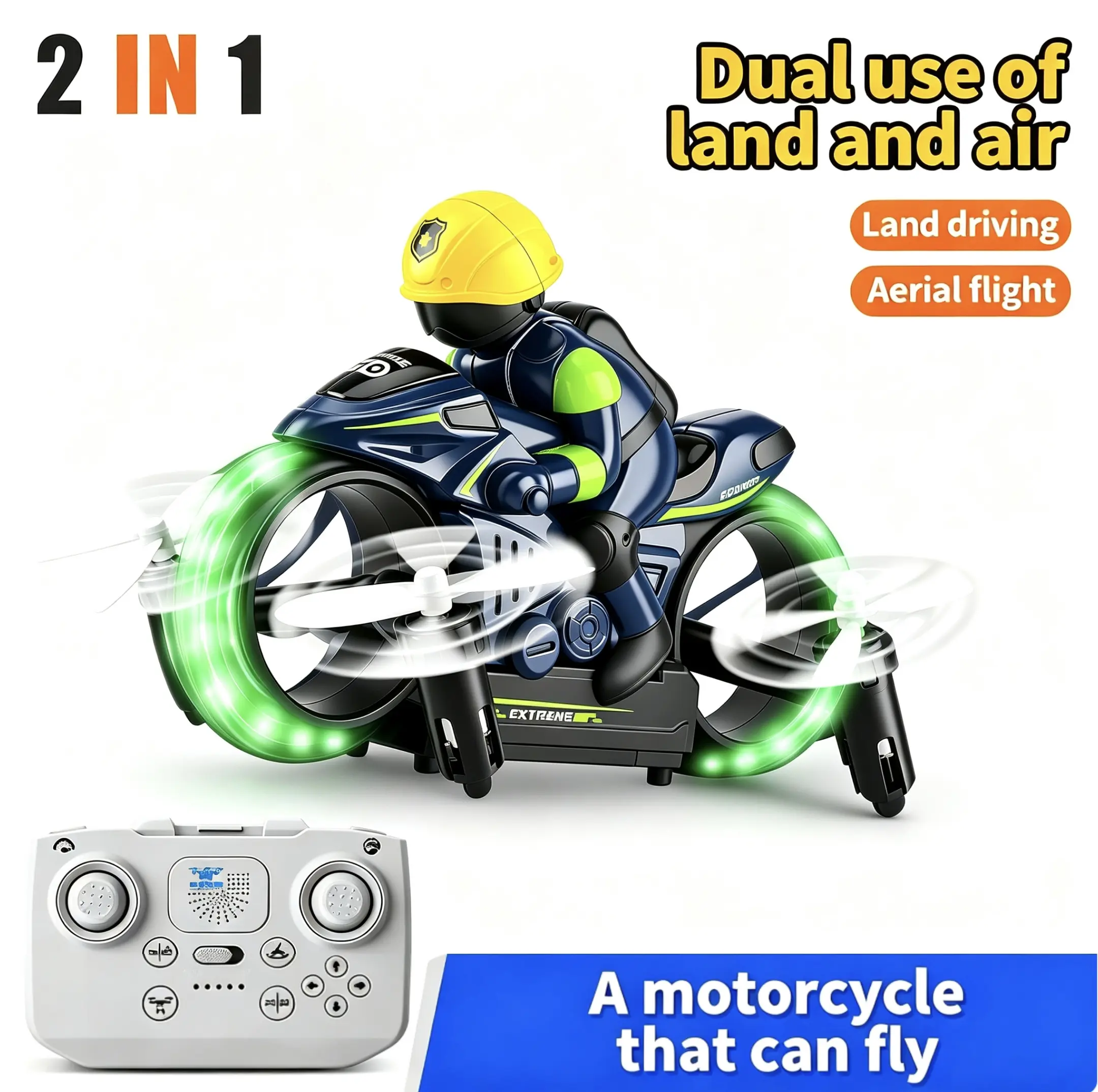 2-in-1 RC Flying Motorcycle Drone - 360° Stunts, LED Lights, 2 Batteries, Land/Air Dual Mode, Easy for Kids & Beginners,Toys & Hobbies Electric Remote Control Motorcycle