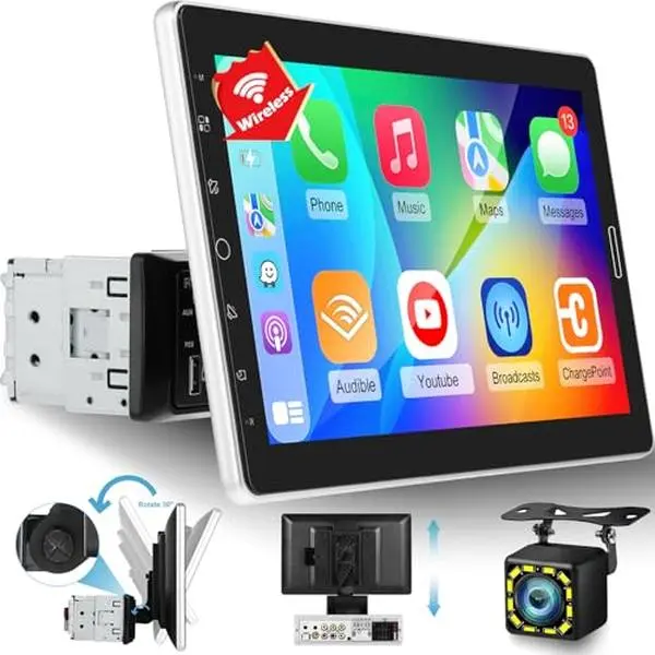 podofo 10.1-Inch High Definition Single Din Touchscreen Car Radio - Wired/Wireless CarPlay & Android Auto, Bluetooth Connectivity, AM/FM Radio, YouTube Video Support, HD Rear Camera, Built-in Mic