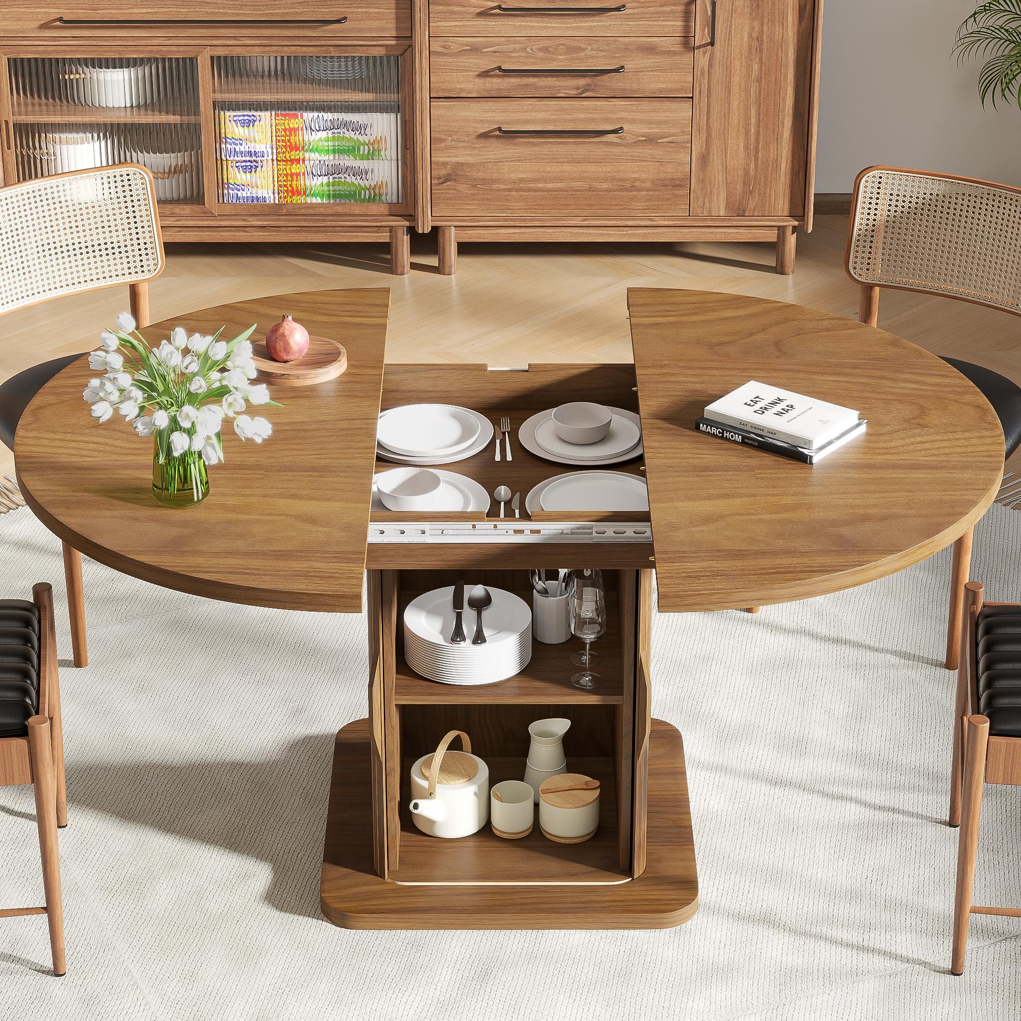 Extendable Black Round Dining Table for 4-6-8, 59 Inch Kitchen Dining Room Table with Storage, Modern Oval Circle Dinner Furniture, Fluted Wood Slide Door, for Home, Living Room, Farmhouse Extendable Black Round Dining Table for 4-6-8, 59 Inch Kitchen Dining Room Table with Storage, Modern Oval Circle Dinner Furniture, Fluted Wood Slide Door, for Home, Living Room, Farmhouse