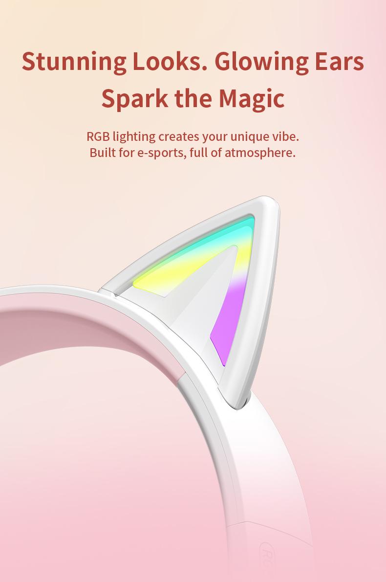 Wireless Bluetooth cat ear headphones with LED lights, foldable, over-ear design, built-in microphone, long battery life, suitable for mobile phones, tablets, iPads, and laptops. A cute gift for children, teenagers, and adults.