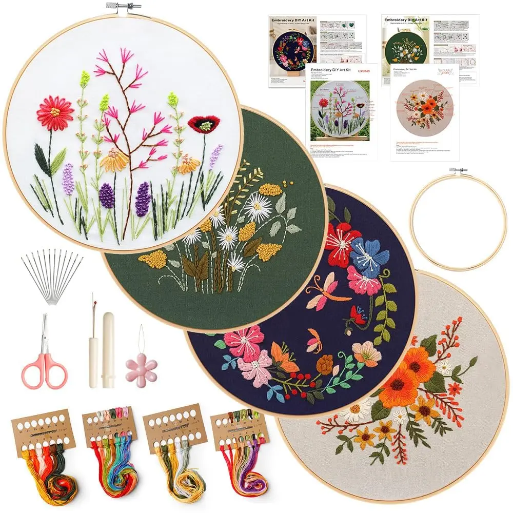 4 Pcs Embroidery Kit for Beginners Adults DIY Starter,Cross Stitch Set with Flower Stamped Patterns,Embroidery Hoop,Colorful Threads,Instructions,Hand Craft Lover Gift,Hand Tools Kits,Summervibes