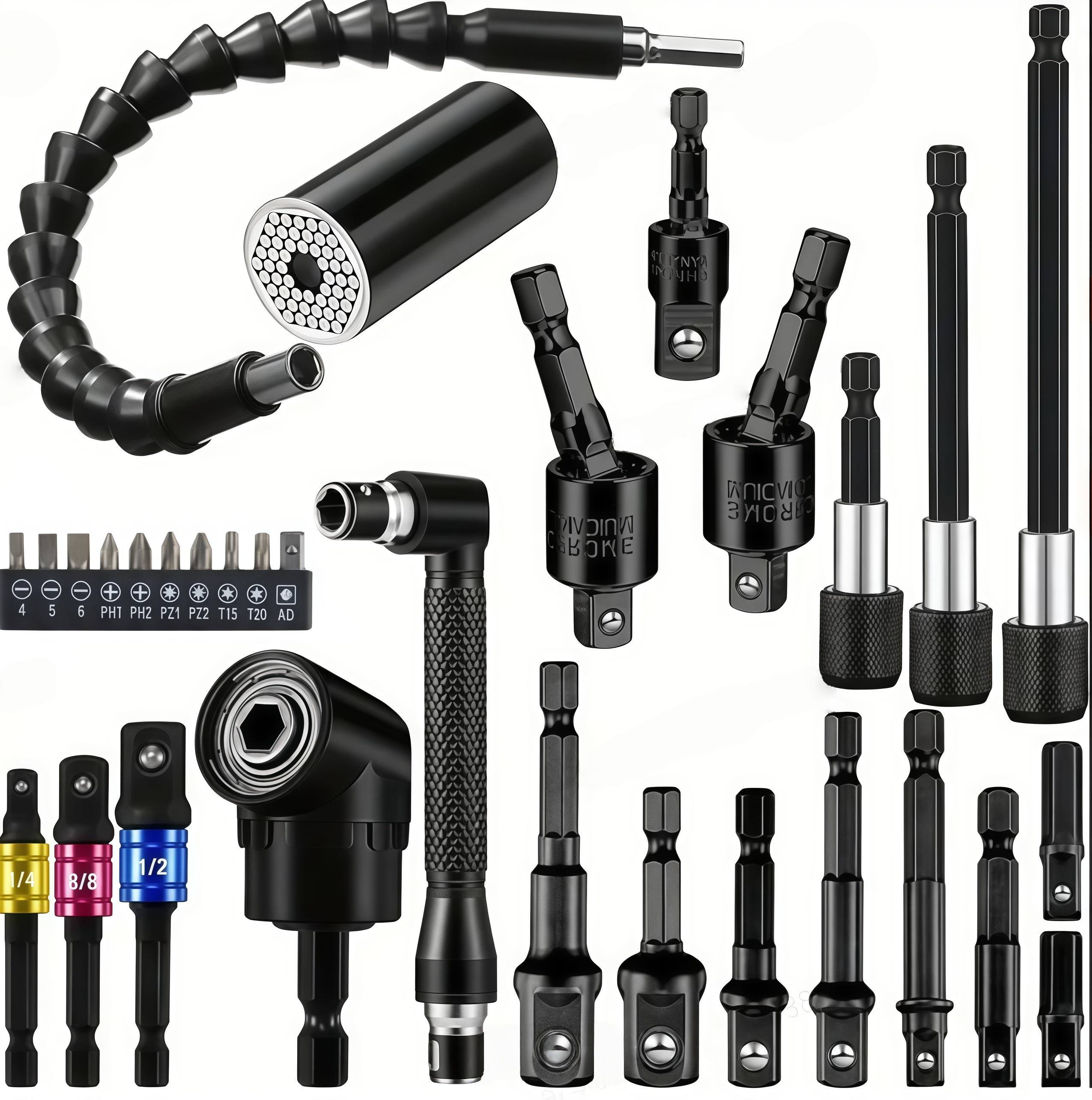 Right-Angle Drill Bit Accessory Set(6pcs), Including 3x 360° Rotatable 1/4", 3/8" & 1/2" Impact-Grade Socket Adapters, 2x 105° Hex Shank Angle Adapters & 90° Right-Angle Drill Bit, Heavy-Duty Tool Kit