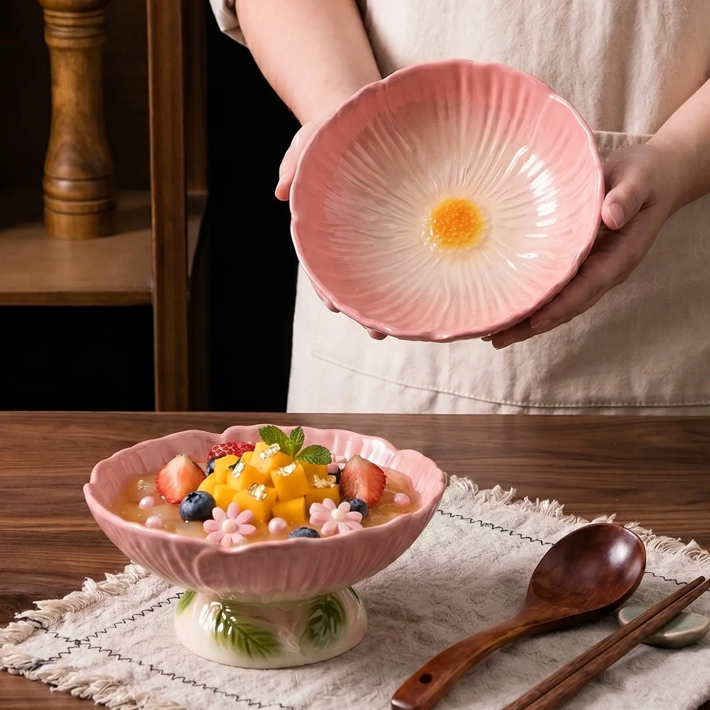 HongDian Pink Cherry Blossom Ceramic Bowl Series,Optional 6 in Pedestal Fruit Bowl 300ml 10 oz,8 in Single Handle Bowl 500ml 17 oz,Hand Painted Floral Texture,Premium Ceramic,Oven Microwave Dishwasher Sterilizer Safe,For Yogurt Dessert Salad Snacks