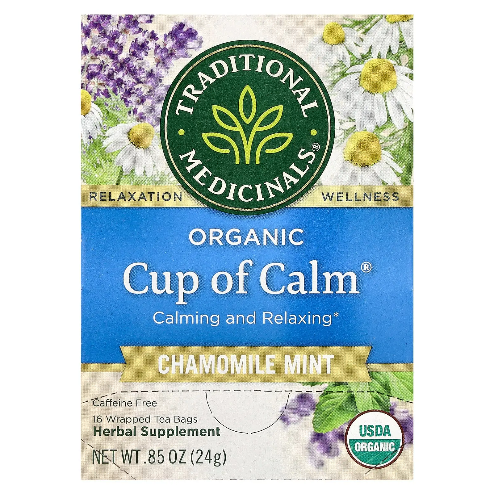 Traditional Medicinals Organic Cup of Calm, Chamomile Mint, Caffeine Free, 16 Wrapped Tea Bags, 0.85 oz (24 g)