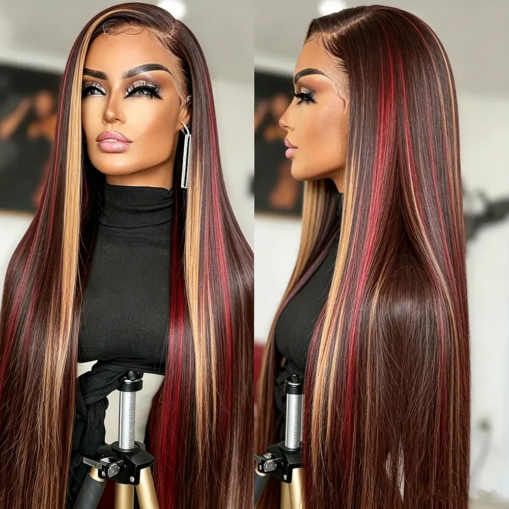 HD Transparent Lace Front Wig 13x4 Free Part Dark Brown Hair With Red Blonde Highlights Ombre Mixed Color Long Silky Straight Hair Synthetic Glueless Wigs For Women Daily Party Cosplay Use Pre Plucked Baby Hair Natural Hairline Ready to Wear