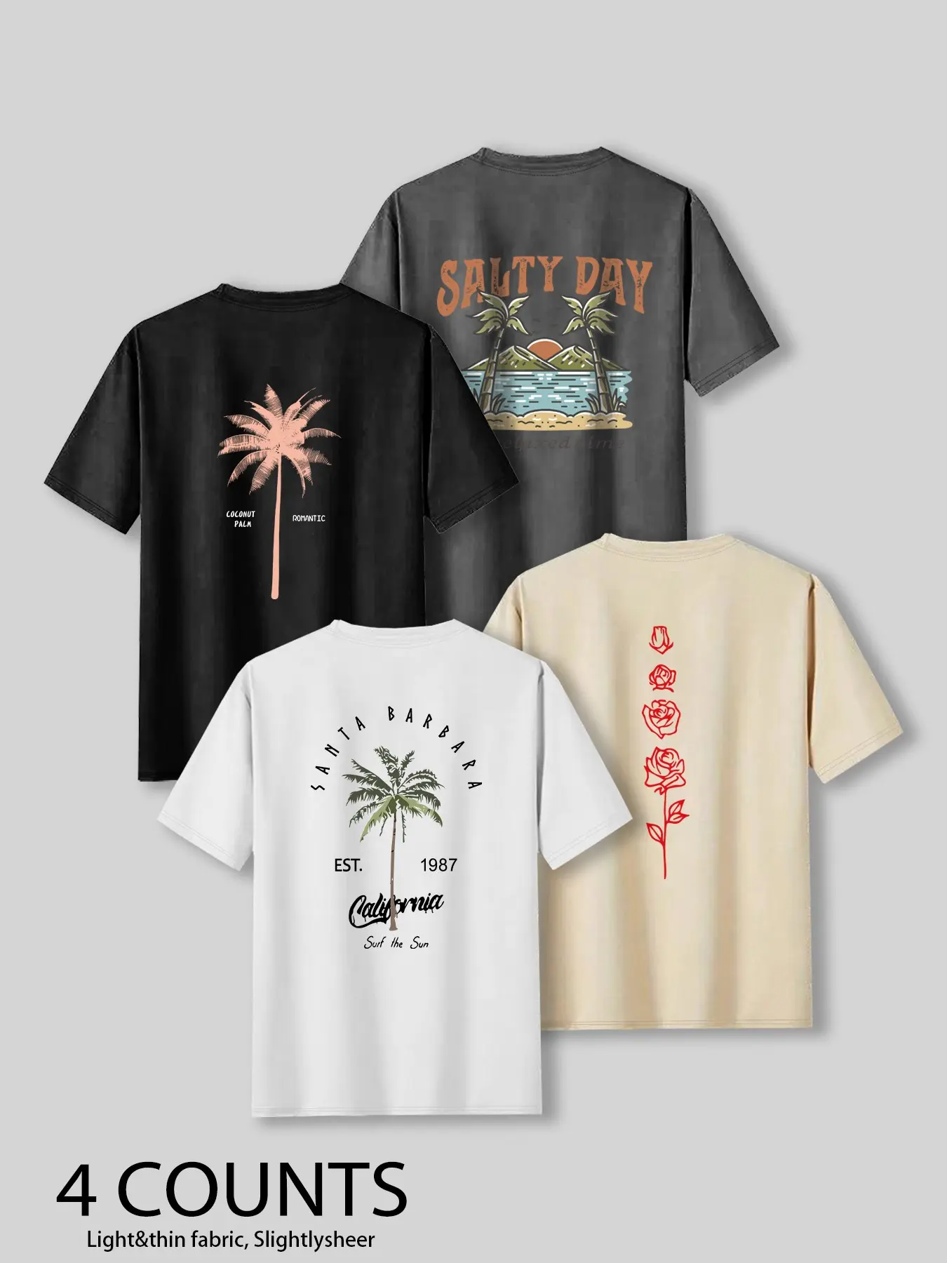 Men's Palm Tree & Letter Print Tropical Short Sleeve Graphic Casual Beach Tee, Regular Fit Casual Streetwear Round Neck T-shirt for Summer, Men's Top for Daily Wear, Menswear, Casual Summer Clothing, Casual Style Tee