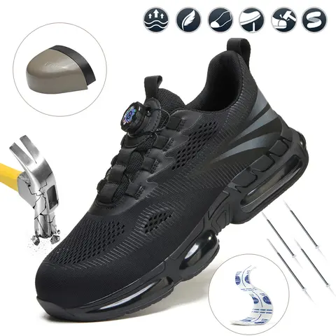 Shenganton Men’s Minimalist Round Toe Low-Top Steel Toe Athletic Work Shoes, Lightweight Breathable Knit Upper, Impact/Puncture-Resistant Colorblock Black, Easy-On/Off Rotating Button, EVA Construction, Laces, All-Seasons Safety Footwear