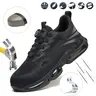 Shenganton Men’s Minimalist Round Toe Low-Top Steel Toe Athletic Work Shoes, Lightweight Breathable Knit Upper, Impact/Puncture-Resistant Colorblock Black, Easy-On/Off Rotating Button, EVA Construction, Laces, All-Seasons Safety Footwear