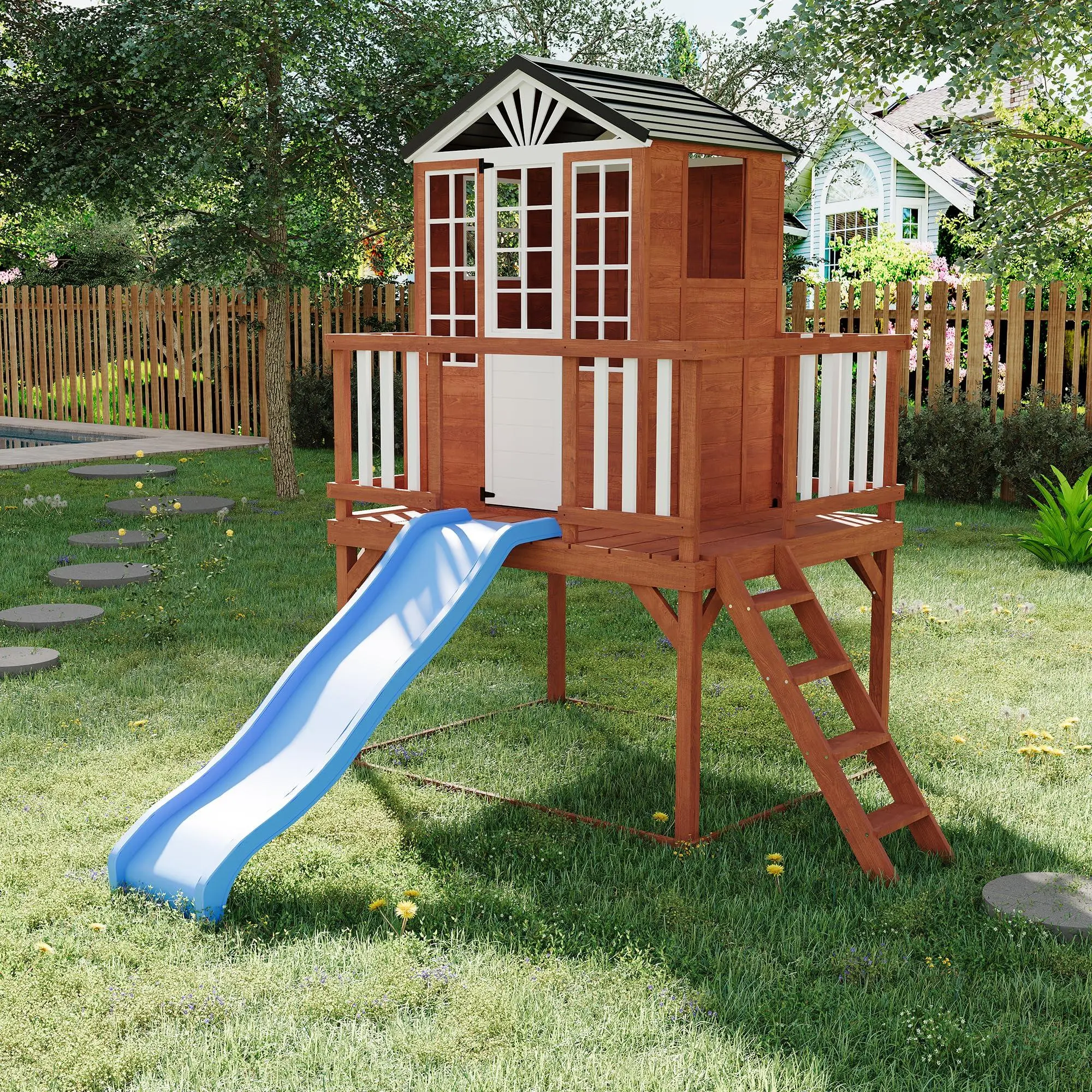 Kids Outdoor Playhouse with Climbing Wall, 2 Story Wooden Playhouse with Slide, Elevated Cedar Wooden Kids Playhouse