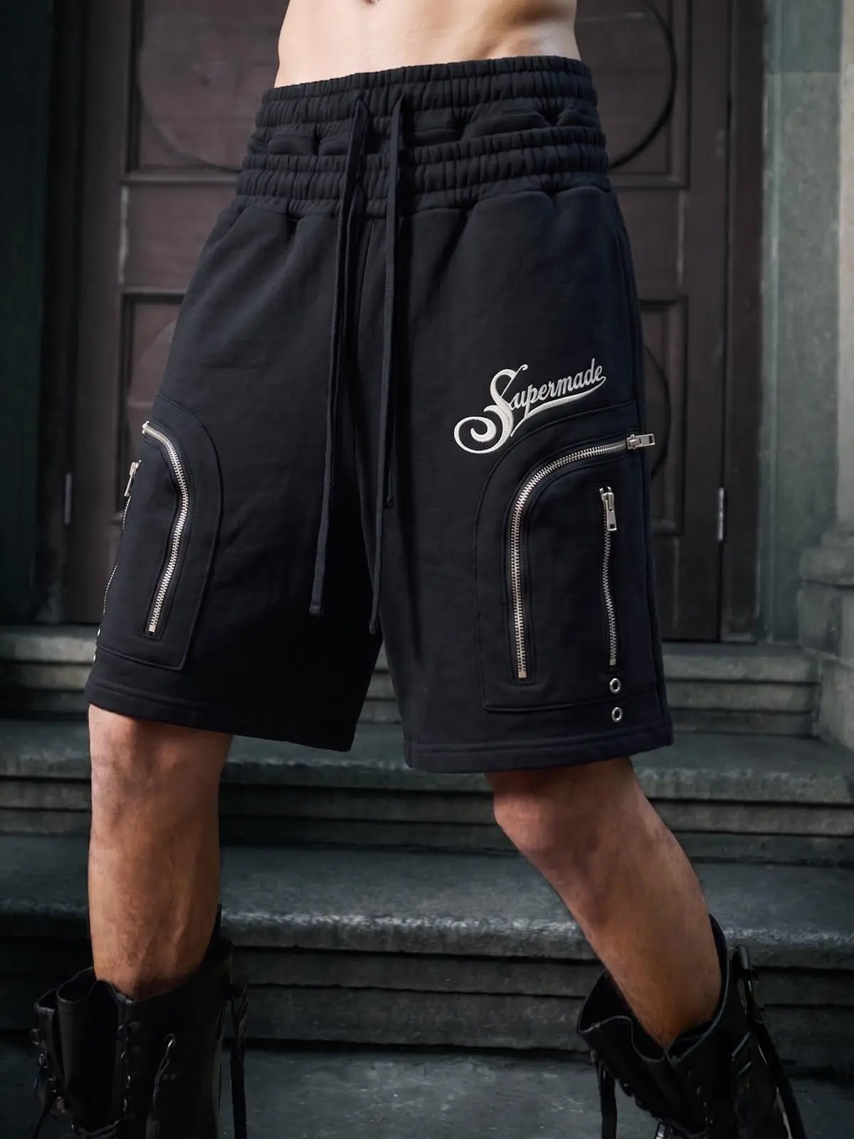 Thesupermade Double Waist Cargo Shorts | Distressed Fleece Zipper Pocket Grommet Streetwear Short Men Women