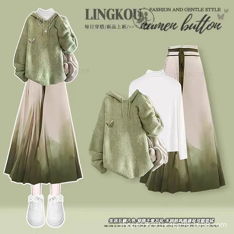 Stylish Autumn Outfit, Hoodie Inner Top and Elegant Horse Face Skirt, Vintage Chinese Style Three-piece Suit