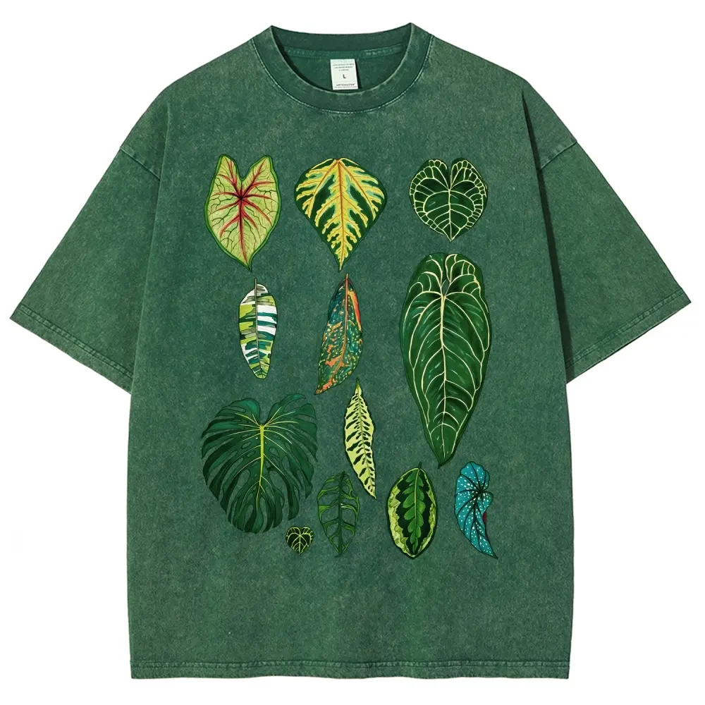Vintage Washed Tropical Botanical Graphic Tee Monstera Anthurium Leaves Plant Lover Casual Top Gift for Plant Parents