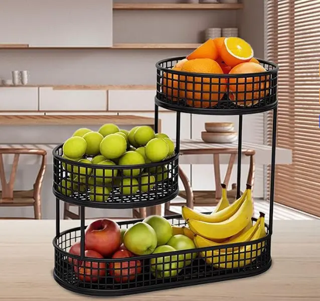 Black Metal 3-Tier Kitchen Countertop Fruit Basket Organiser with Metal Frame, Rust-Proof, Smooth, Water-Proof Rack, 12.6in x 12.6in x 3.9in, Kitchen Accessory for Home, Coffee Bar, Bathroom, Dining Area, Multi-Tiered, Home Use