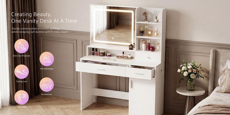 2-Drawer 1-Door / 3-Drawer 2-Door Mirror Makeup Vanity with Light Strip – Stylish & Functional Dressing Table for Modern Living 2-Drawer 1-Door / 3-Drawer 2-Door Mirror Makeup Vanity with Light Strip – Stylish & Functional Dressing Table for Modern Living