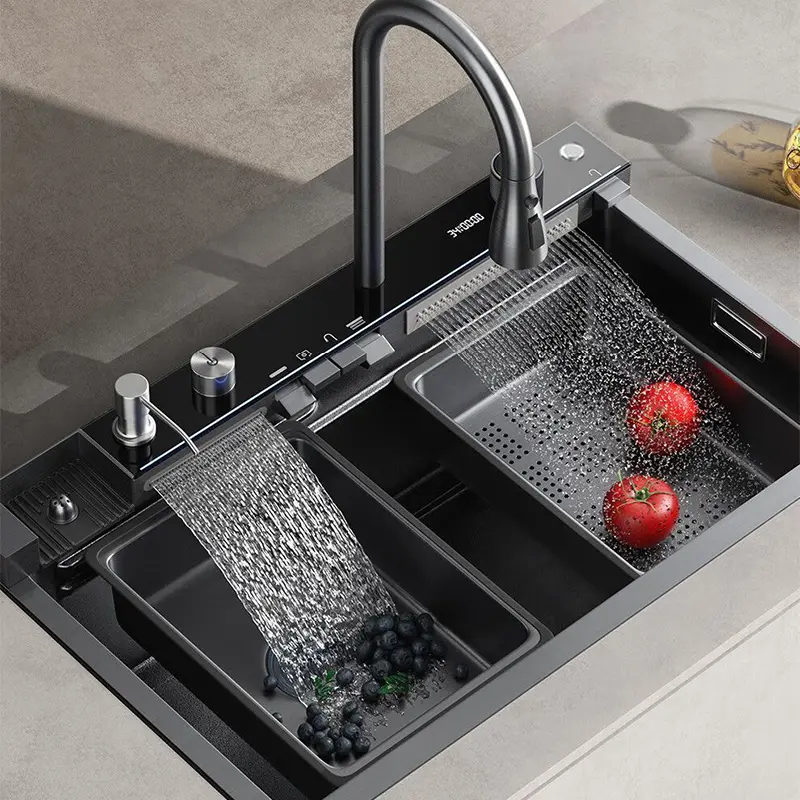 Luxury Waterfall Kitchen Sink with Integrated whale faucet,cutting board, drain basket, complete drainage kit, Nano Coated Stainless Steel Sink, Modern Workstation Sink for Kitchen