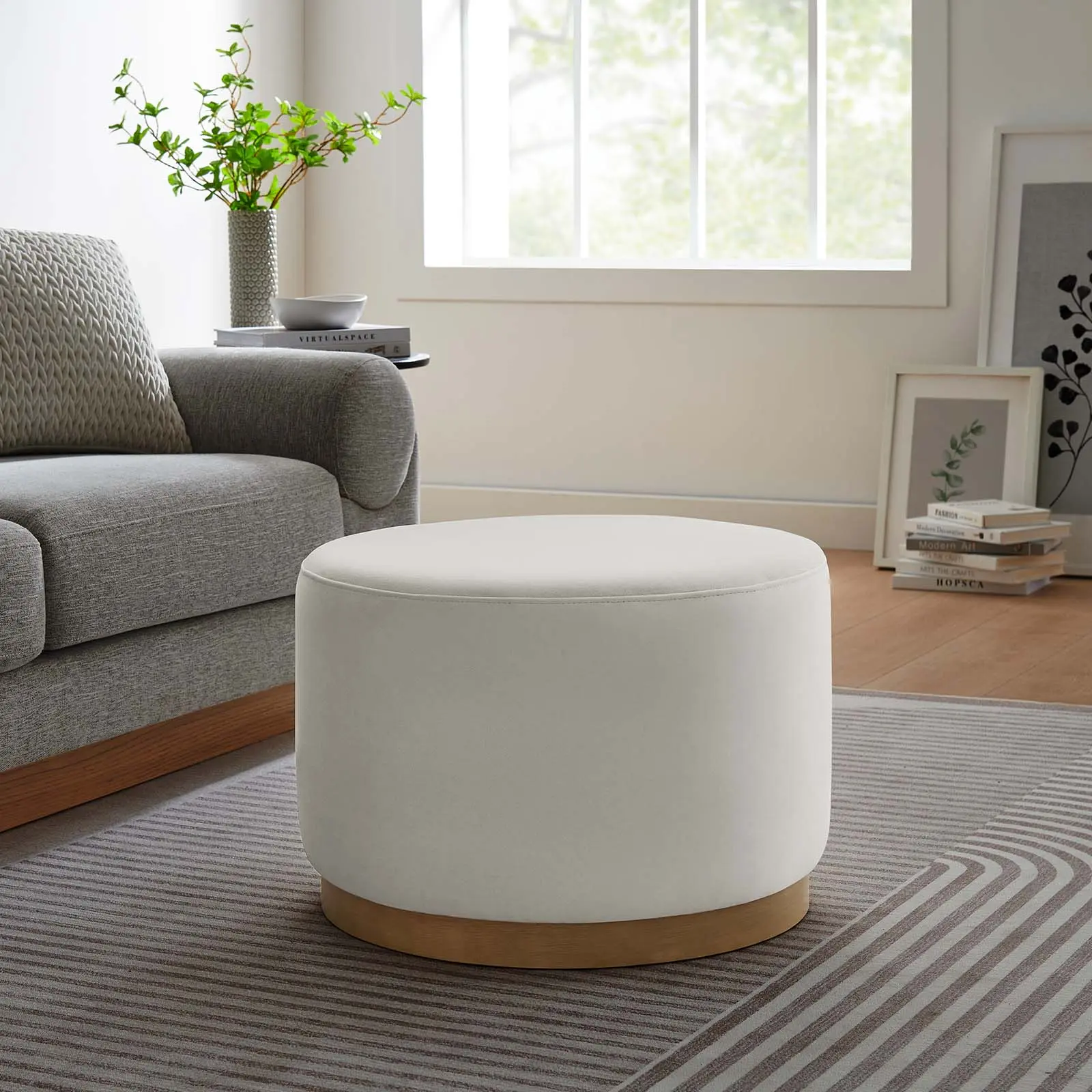 Modway Tilden Large 23" Round Performance Velvet Upholstered Ottoman-Footstool, Alabaster Natural Upholstered Stool, Fully Assembled Furniture Ottoman, 506 lbs Capacity, Non-Marking Glides, Apartment Living Room Furniture