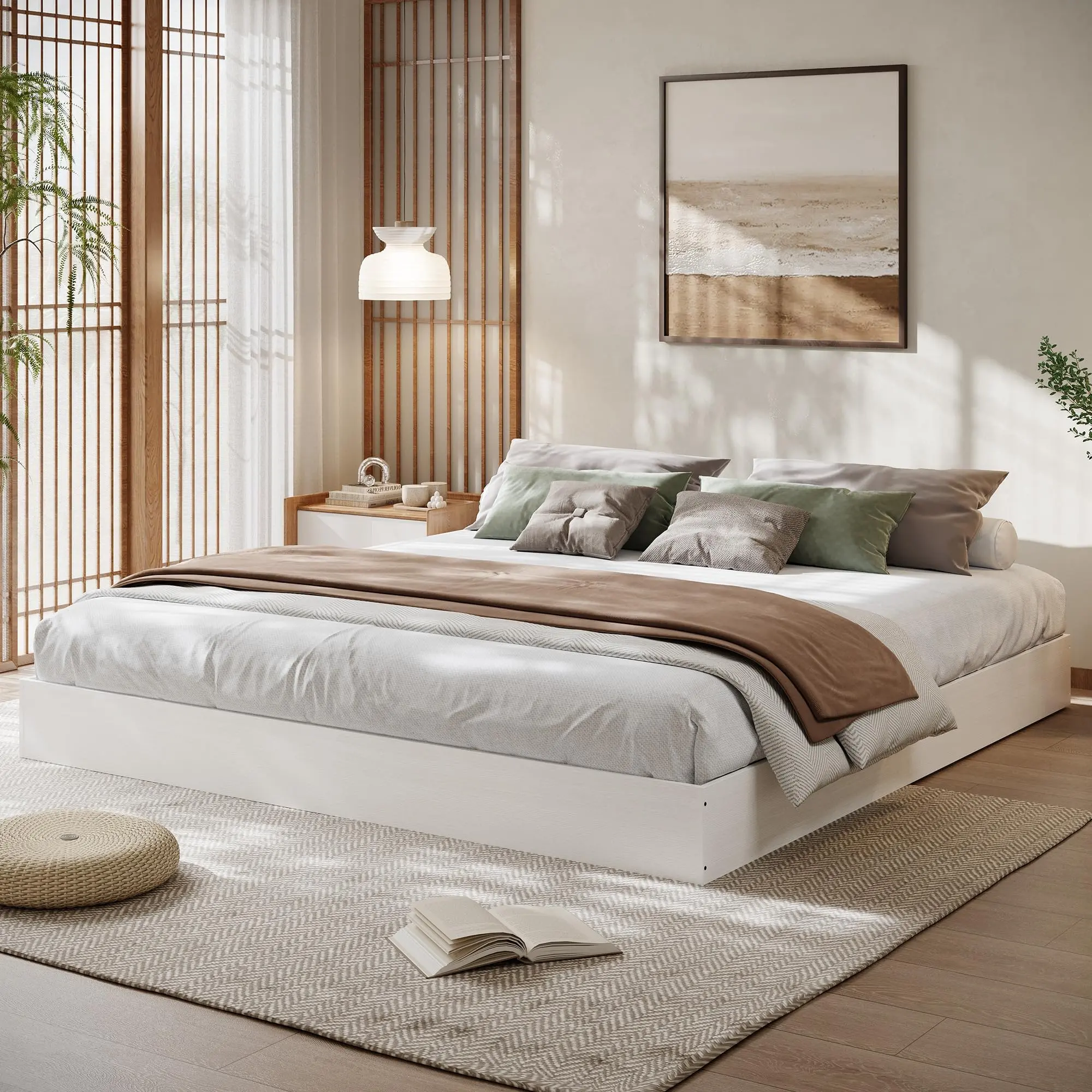 California King Size Solid Wood Platform Bed with Sturdy Wooden Slats,Floor-Standing Bed Frame,Minimalist Design Bed Frame,No Box Spring Needed,White