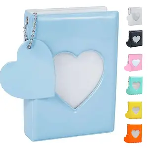3 Inch Mini Kpop Photo Album Photocard Holder ,Photo Card Book Collect Binder Heart Hollow Photocard Picture with 32 Pockets and Heart Pendant Keychain for Collecting Pictures,Blue