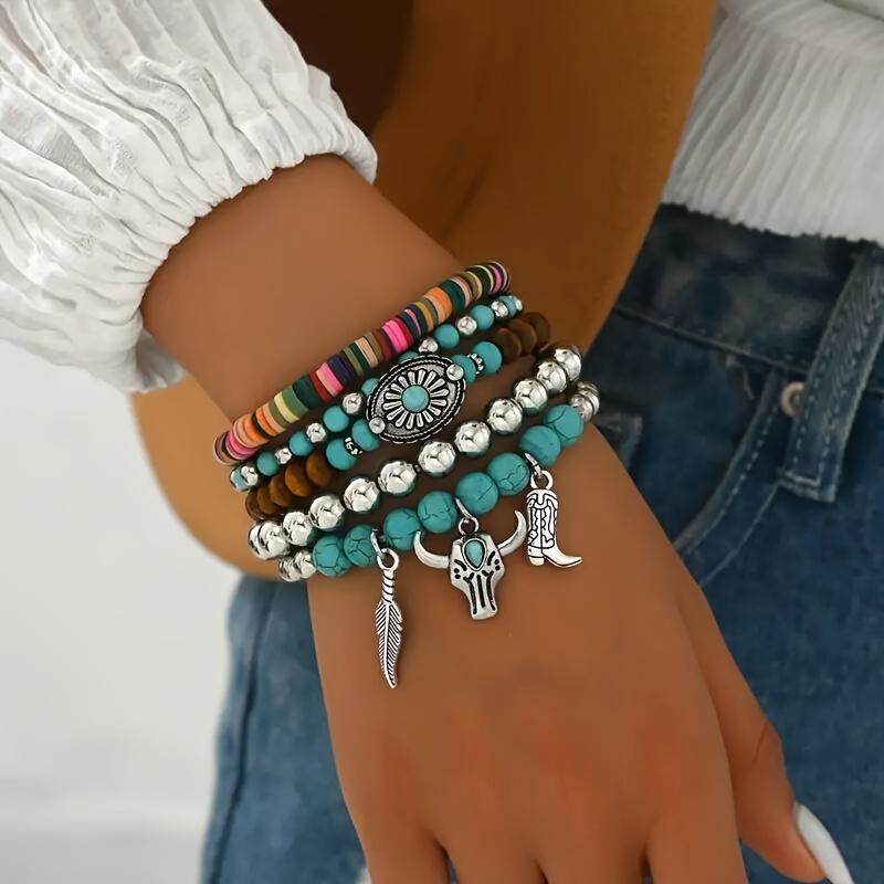 5pcs Elegant Beaded Stretch Bracelet For Women With Turquoise Stone Handmade Beaded Bracelet Retro Pendant Chain Set Charms - Boho Chic Multiple Color Elastic Bead Stackable Bracelets For Daily Wear Fashion Jewelry Set